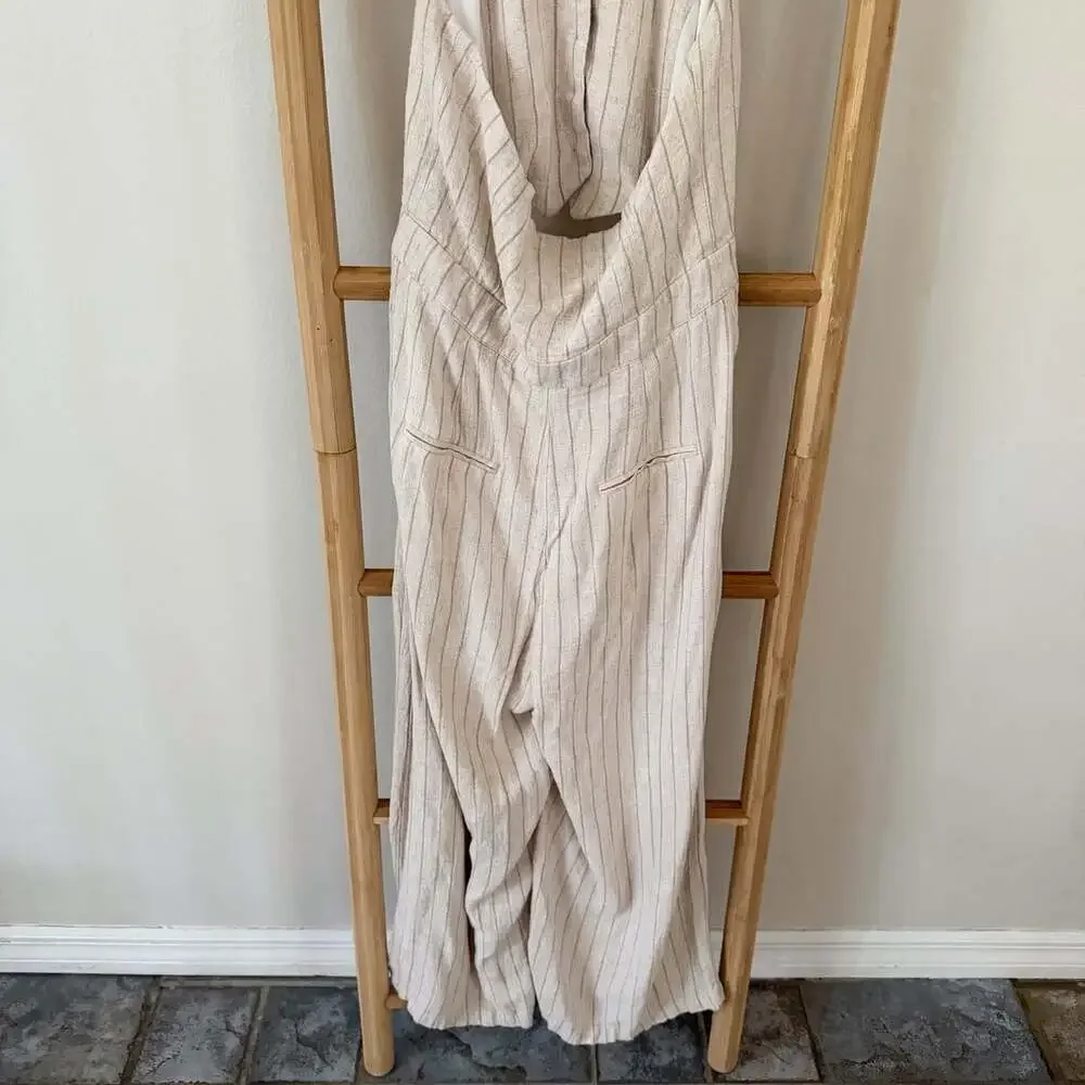Zara Striped Linen Blend Rustic Halter Jumpsuit Beige Ecru Wide Leg Medium